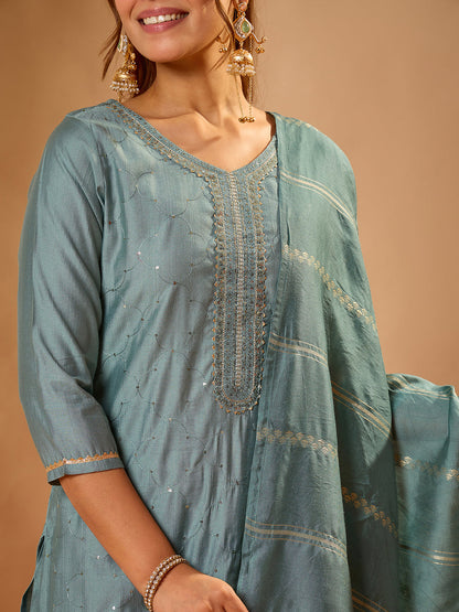 Janasya Women's Powder Blue Silk Blend Embellished Straight Kurta Set