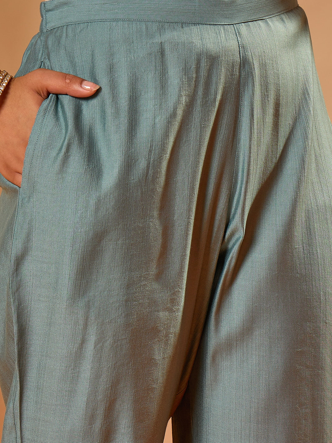 Janasya Women's Powder Blue Silk Blend Embellished Straight Kurta Set