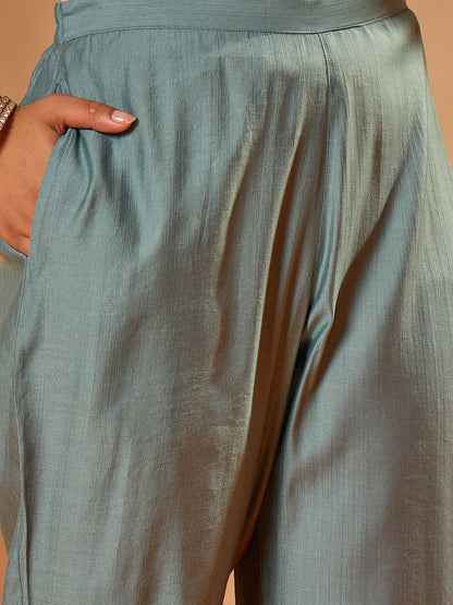 Janasya Women's Powder Blue Silk Blend Embellished Straight Kurta Set