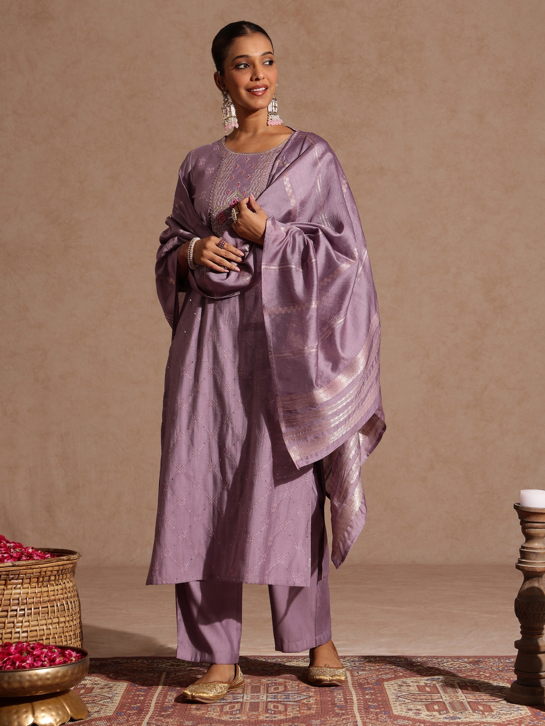 Janasya Women's Lavender Silk Blend Embellished Straight Kurta Set