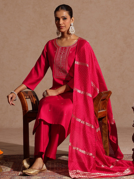 Janasya Women's Pink Silk Blend Floral Zari Embroidered Straight Kurta Set