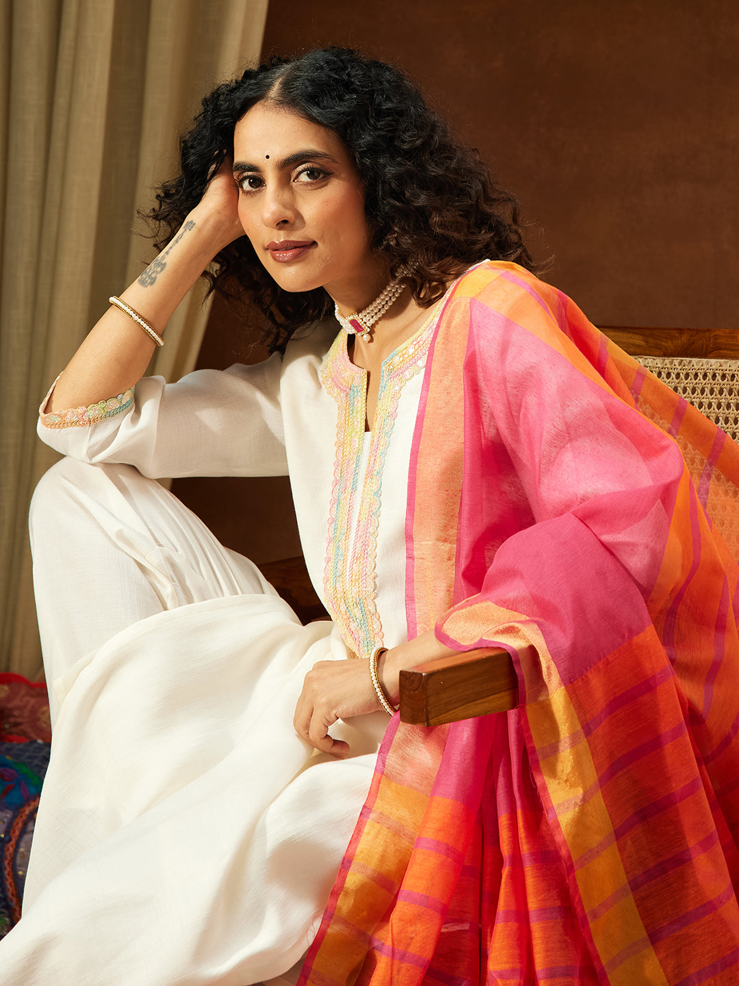 Janasya Women's Off White Silk Blend Embellished Straight Kurta Set