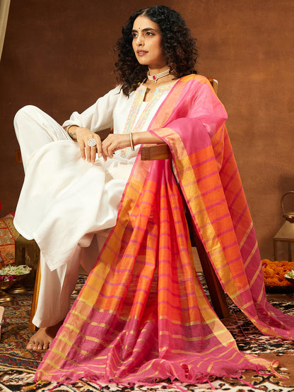 Janasya Women's Off White Silk Blend Embellished Straight Kurta Set