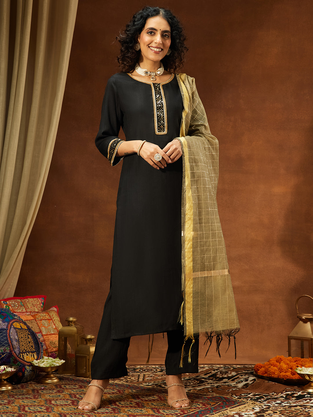 Janasya Women's Black Silk Blend Embellished Straight Kurta Set