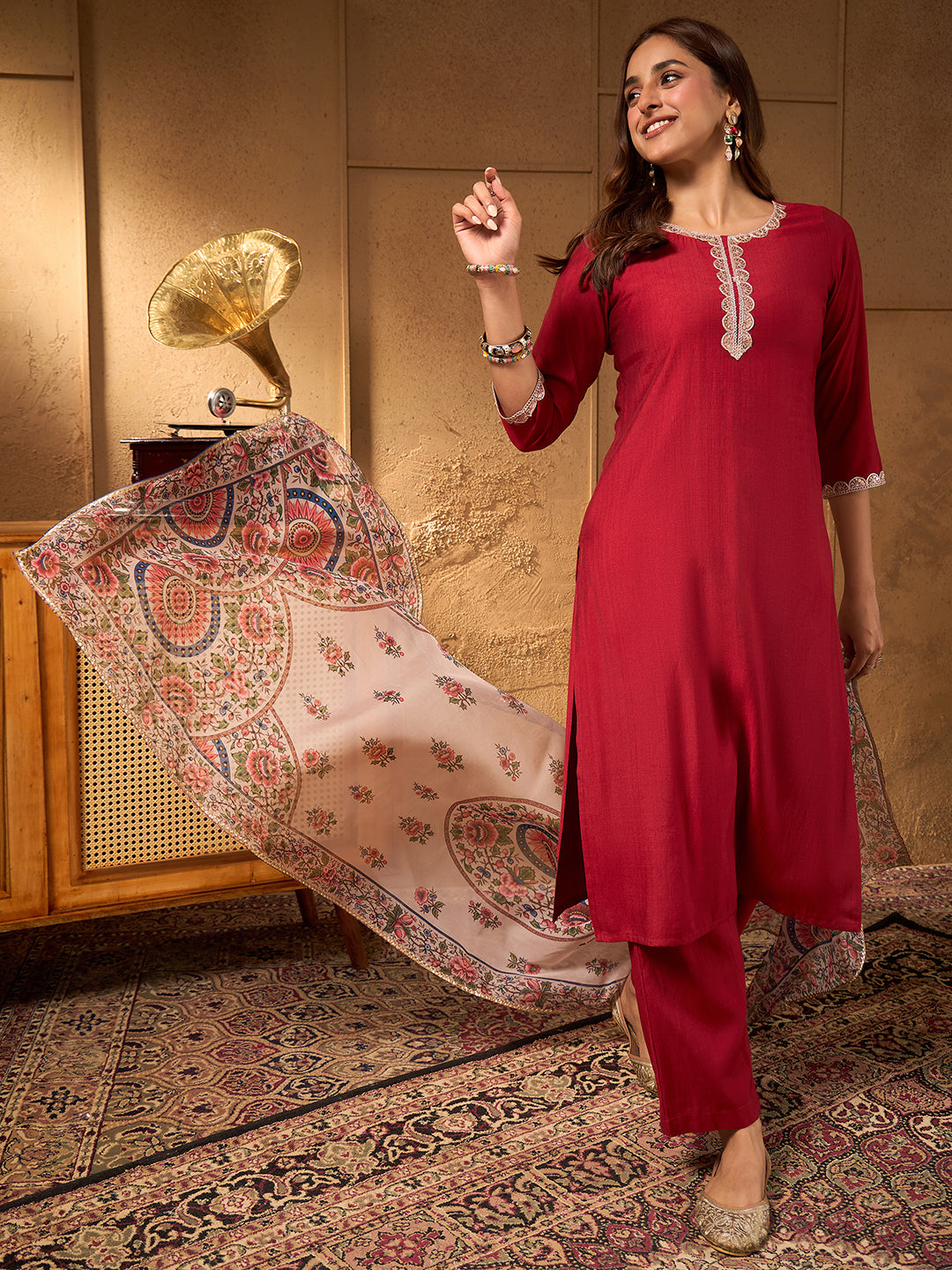 Janasya Women's Maroon Silk Blend Embellished Straight Kurta Set with Printed Dupatta