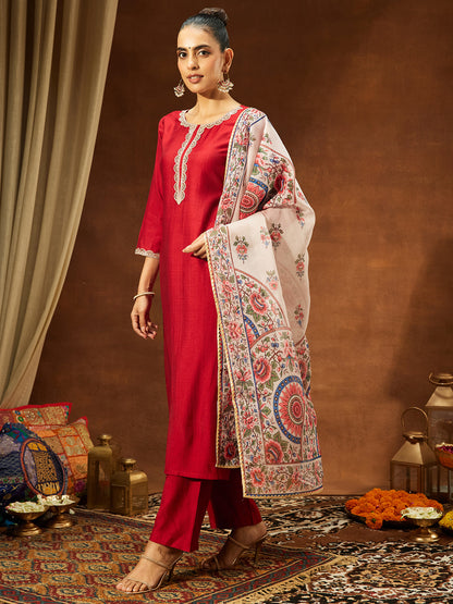 Janasya Women's Maroon Silk Blend Embellished Straight Kurta Set With Printed Dupatta Set