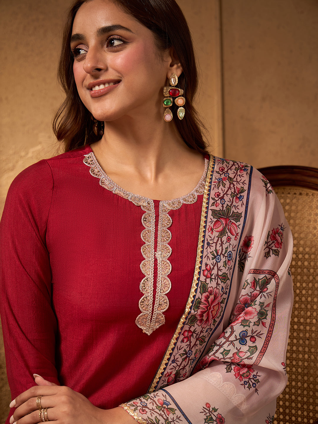 Janasya Women's Maroon Silk Blend Embellished Straight Kurta Set with Printed Dupatta
