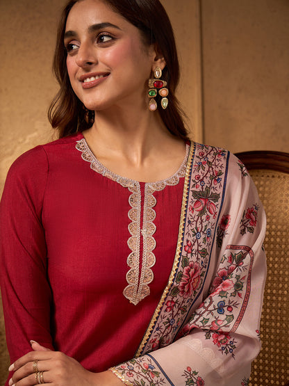 Janasya Women's Maroon Silk Blend Embellished Straight Kurta Set with Printed Dupatta