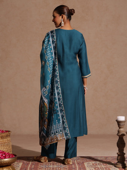 Janasya Women's Teal Blue Silk Blend Yoke Design Straight Kurta Set With Printed Jacquard Dupatta