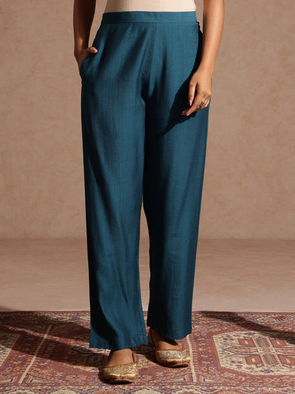 Janasya Women's Teal Blue Silk Blend Yoke Design Straight Kurta Set With Printed Jacquard Dupatta