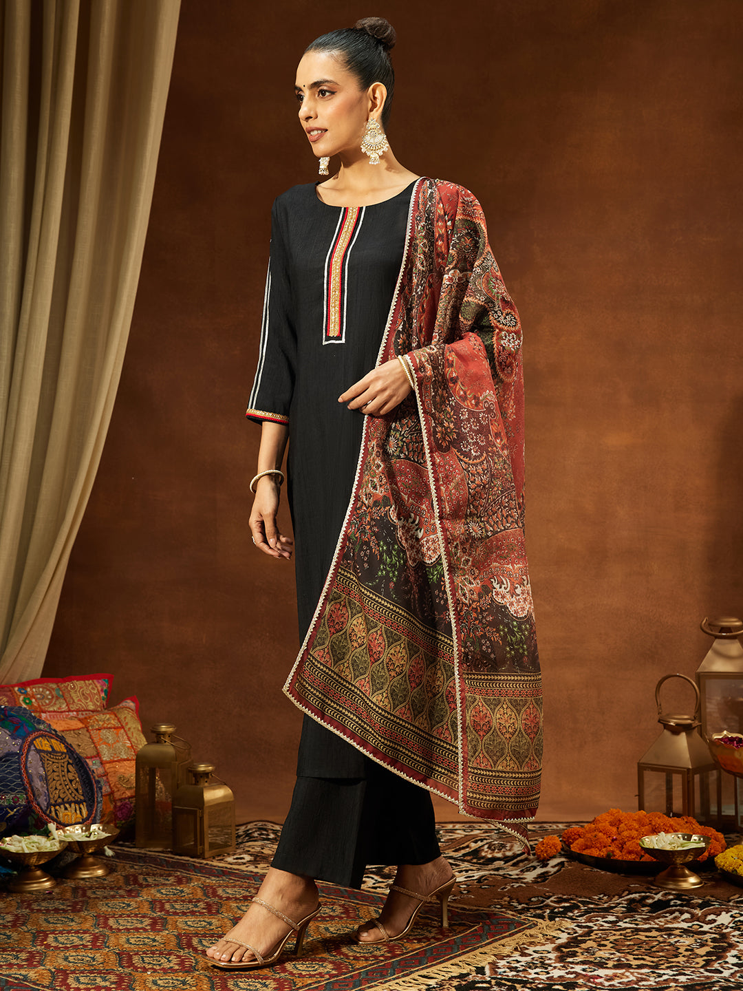 Janasya Women's Black Silk Blend Embellished Straight Kurta Set