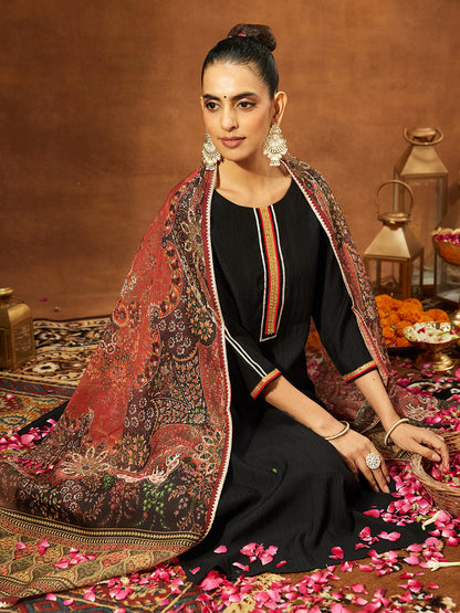 Janasya Women's Black Silk Blend Embellished Straight Kurta Set