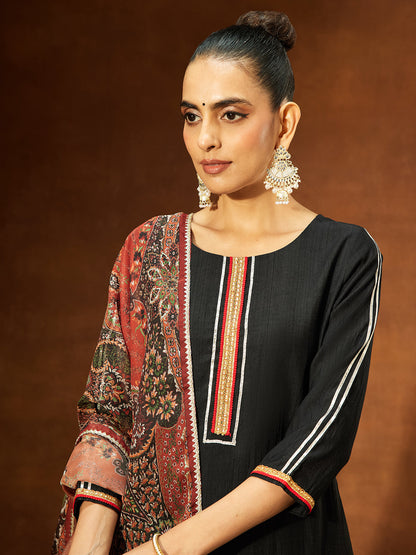 Janasya Women's Black Silk Blend Embellished Straight Kurta Set