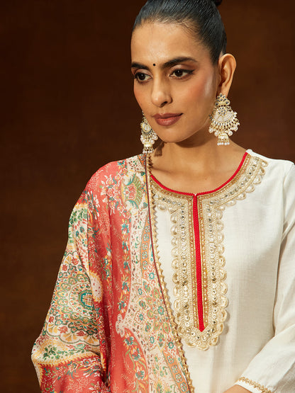 Janasya Women's Off White Silk Blend Embellished Straight Kurta Set