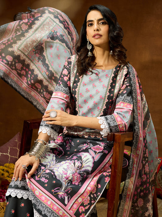 Janasya Women's Black Cotton Blend Floral Printed Straight Kurta Set