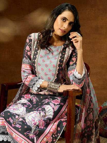 Janasya Women's Black Cotton Blend Floral Printed Straight Kurta Set