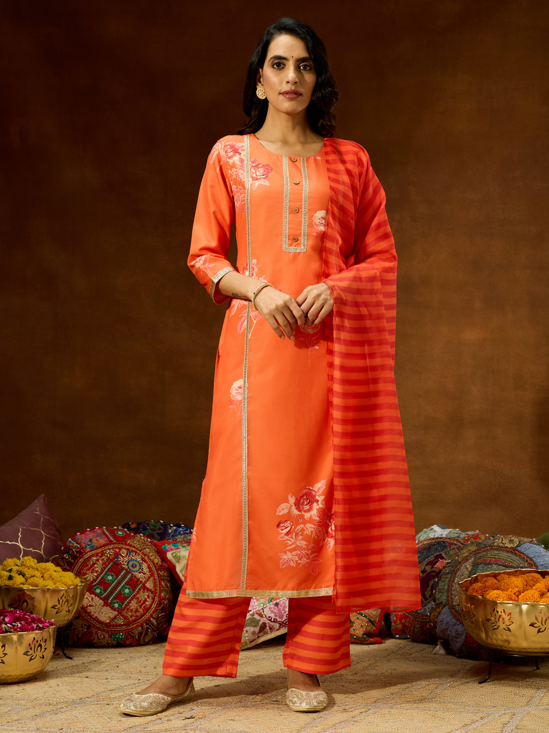 Janasya Women's Orange Cotton Blend Embellished Straight Kurta Set