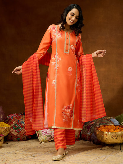 Janasya Women's Orange Cotton Blend Embellished Straight Kurta Set
