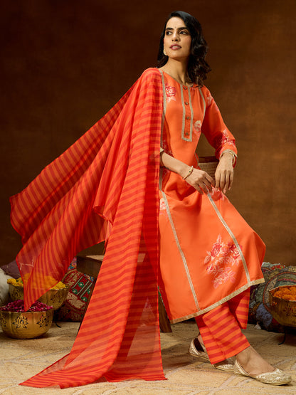 Janasya Women's Orange Cotton Blend Embellished Straight Kurta Set