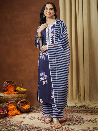 Janasya Women's Purple Cotton Blend Floral Printed Straight Kurta Set