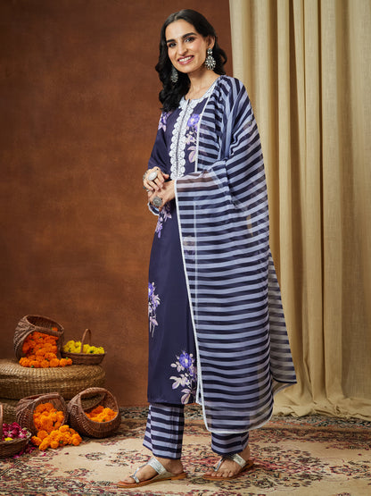 Janasya Women's Purple Cotton Blend Floral Printed Straight Kurta Set