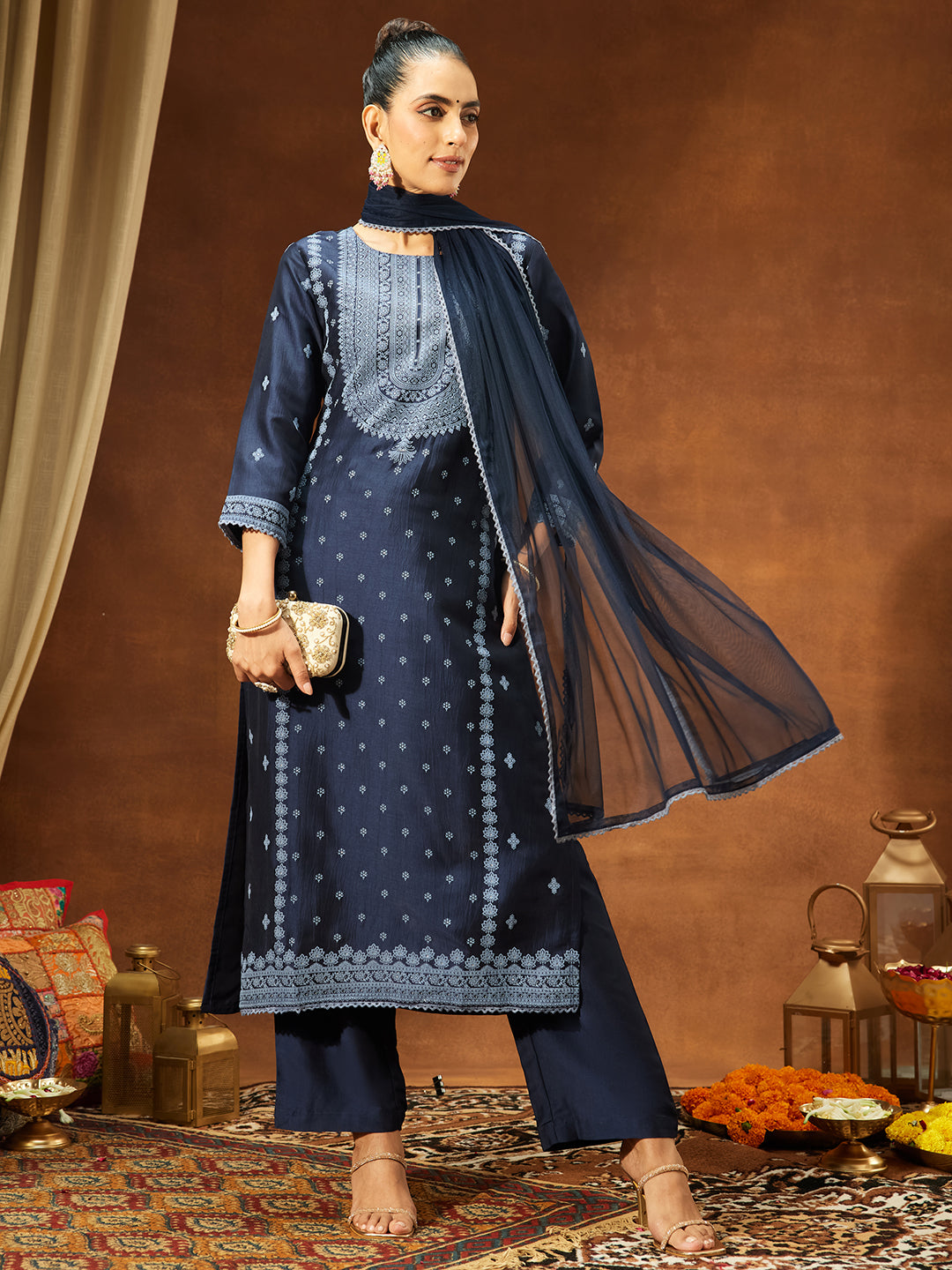 Janasya Women's Navy Blue Silk Blend Ethnic Printed Straight Kurta Set