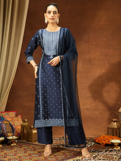 Janasya Women's Navy Blue Silk Blend Ethnic Printed Straight Kurta Set