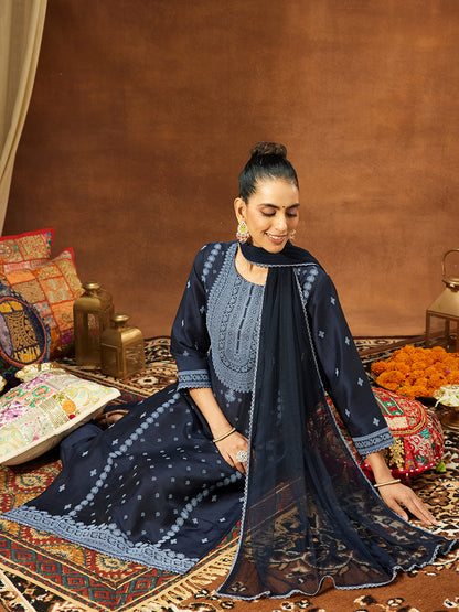 Janasya Women's Navy Blue Silk Blend Ethnic Printed Straight Kurta Set