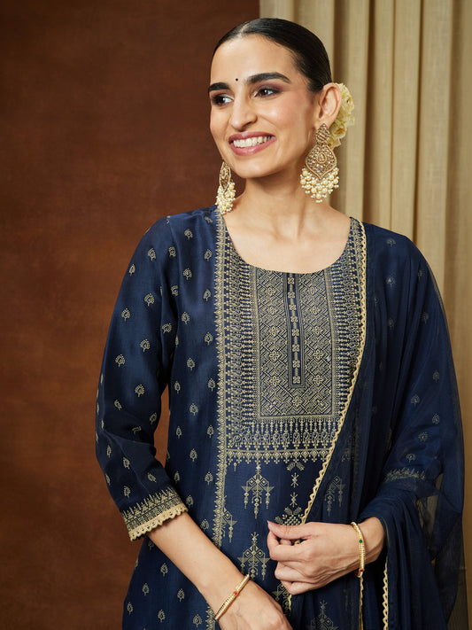 Janasya Women's Navy Blue Silk Blend Ethnic Printed Straight Kurta Set