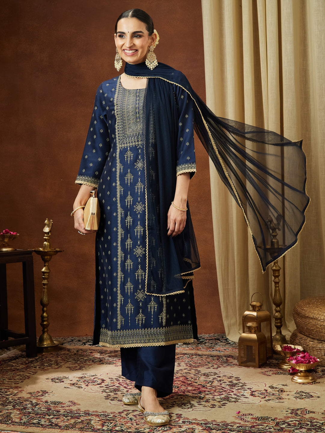 Janasya Women's Navy Blue Silk Blend Ethnic Printed Straight Kurta Set