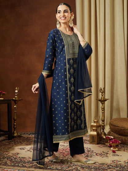 Janasya Women's Navy Blue Silk Blend Ethnic Printed Straight Kurta Set