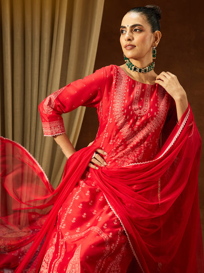 Janasya Women's Red Silk Blend Ethnic Printed Straight Kurta Set