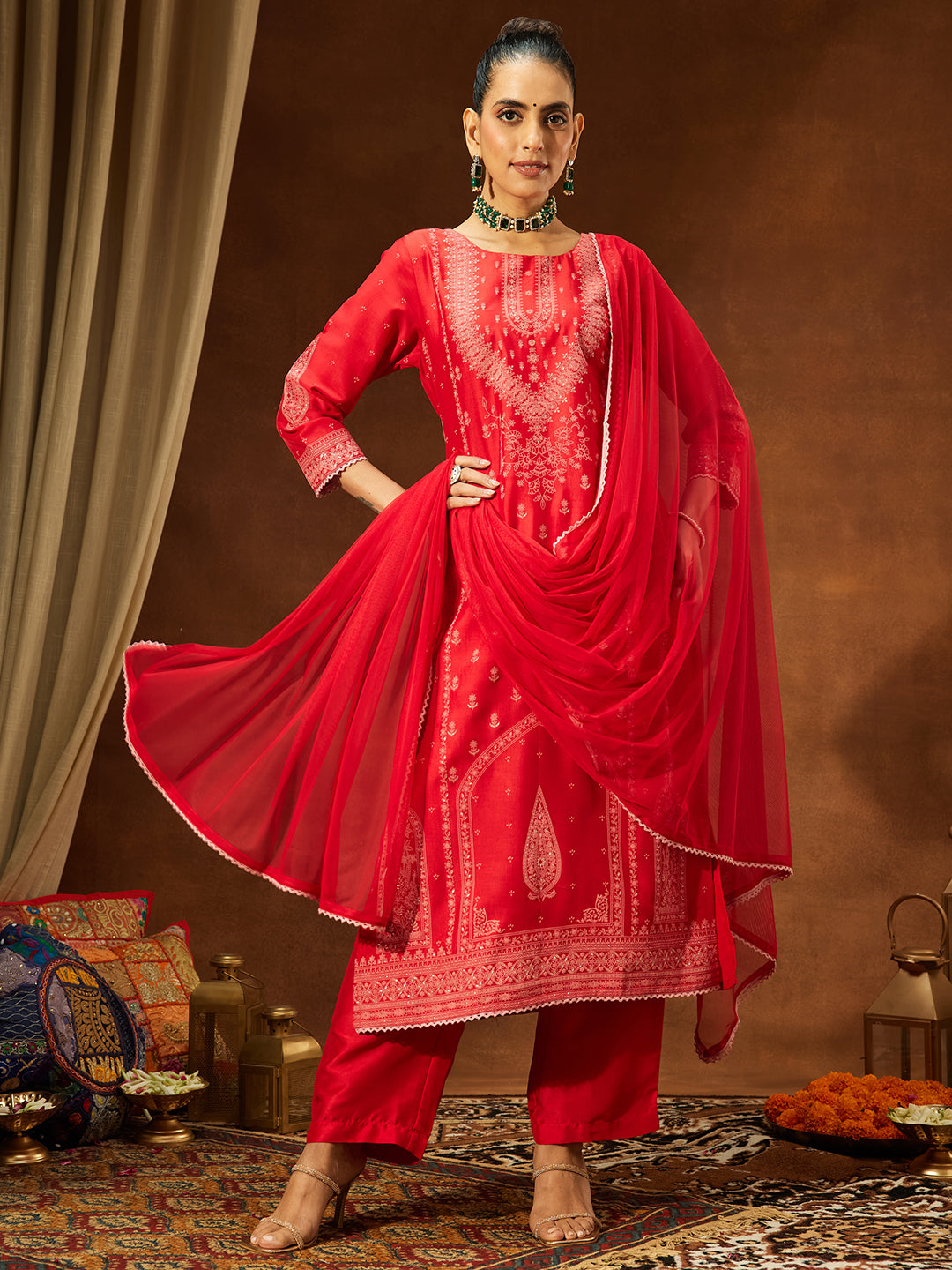 Janasya Women's Red Silk Blend Ethnic Printed Straight Kurta Set