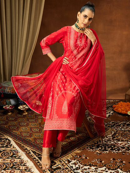 Janasya Women's Red Silk Blend Ethnic Printed Straight Kurta Set