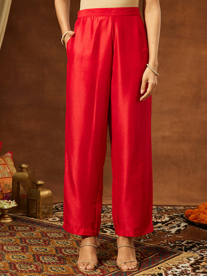 Janasya Women's Red Silk Blend Ethnic Printed Straight Kurta Set