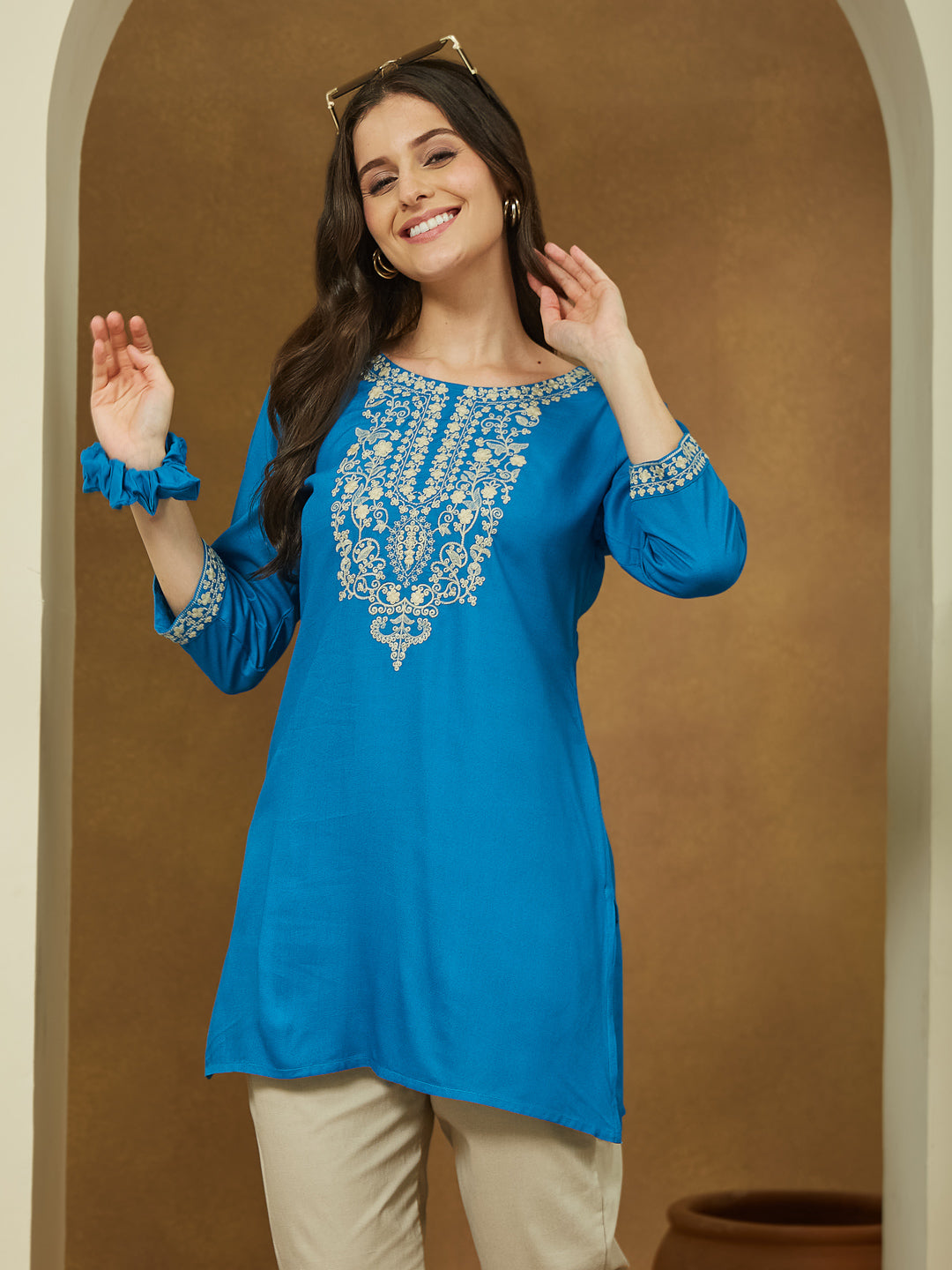 Janasya Women's Blue Rayon Embroidered Straight Short Kurti