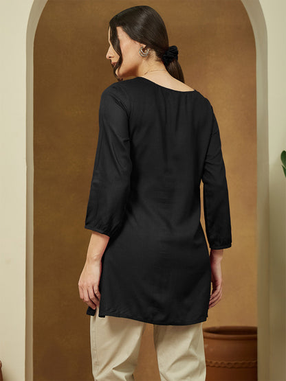 Janasya Women's Black Rayon Embroidered Straight Short Kurti