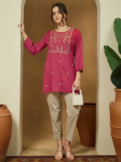 Janasya Women's Magenta Pink Rayon Embroidered Straight Short Kurti