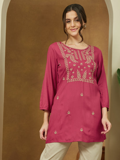 Janasya Women's Magenta Pink Rayon Embroidered Straight Short Kurti