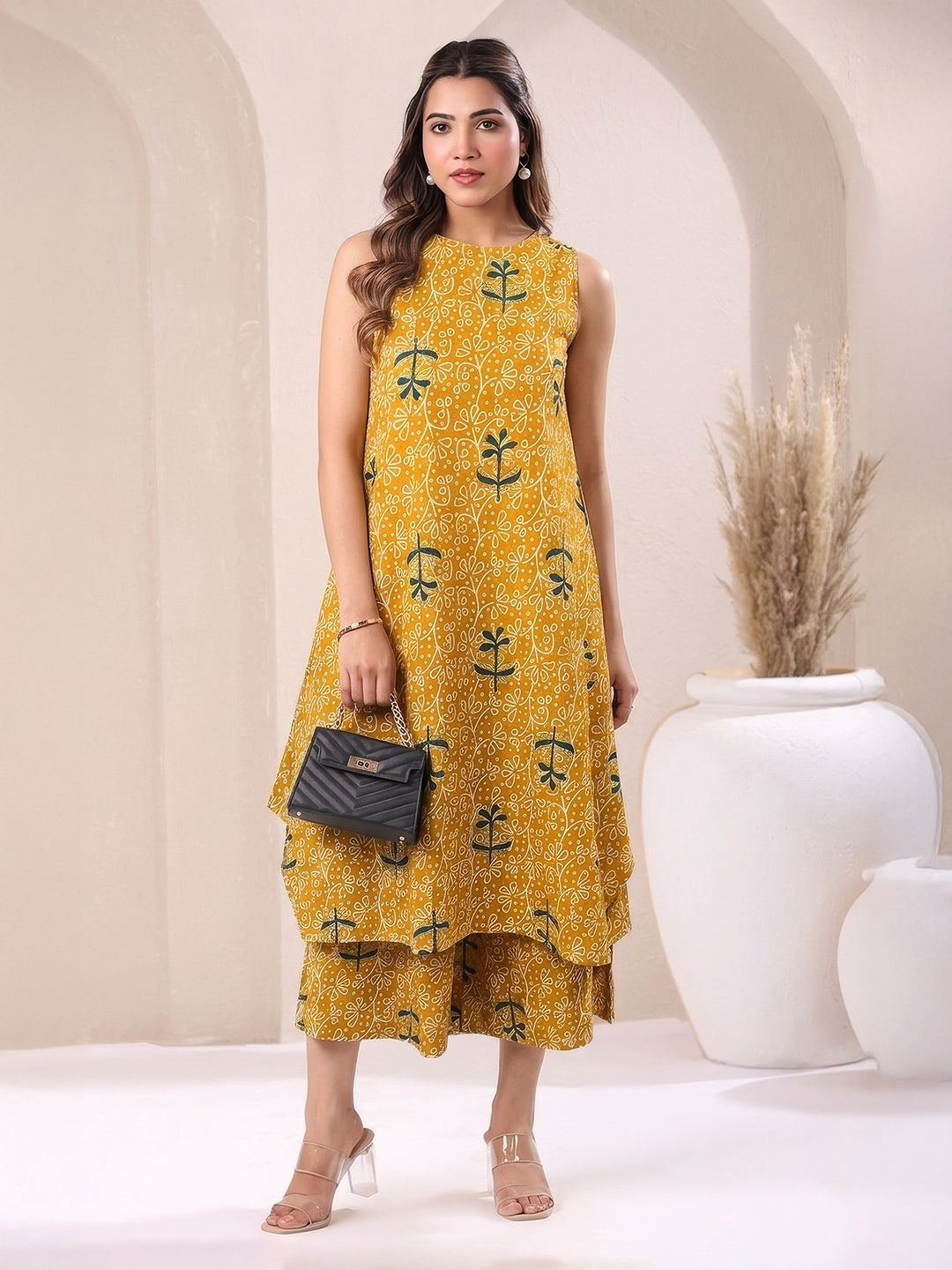 Janasya Women's Mustard Pure Cotton Floral Printed A-Line Kurta with Culotte Pant Set