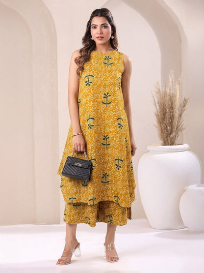 Janasya Women's Mustard Pure Cotton Floral Printed A-Line Kurta with Culotte Pant Set