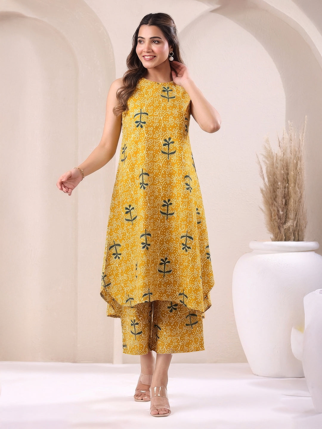 Janasya Women's Mustard Pure Cotton Floral Printed A-Line Kurta with Culotte Pant Set
