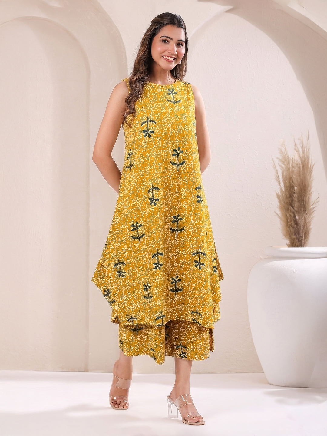 Janasya Women's Mustard Pure Cotton Floral Printed A-Line Kurta with Culotte Pant Set