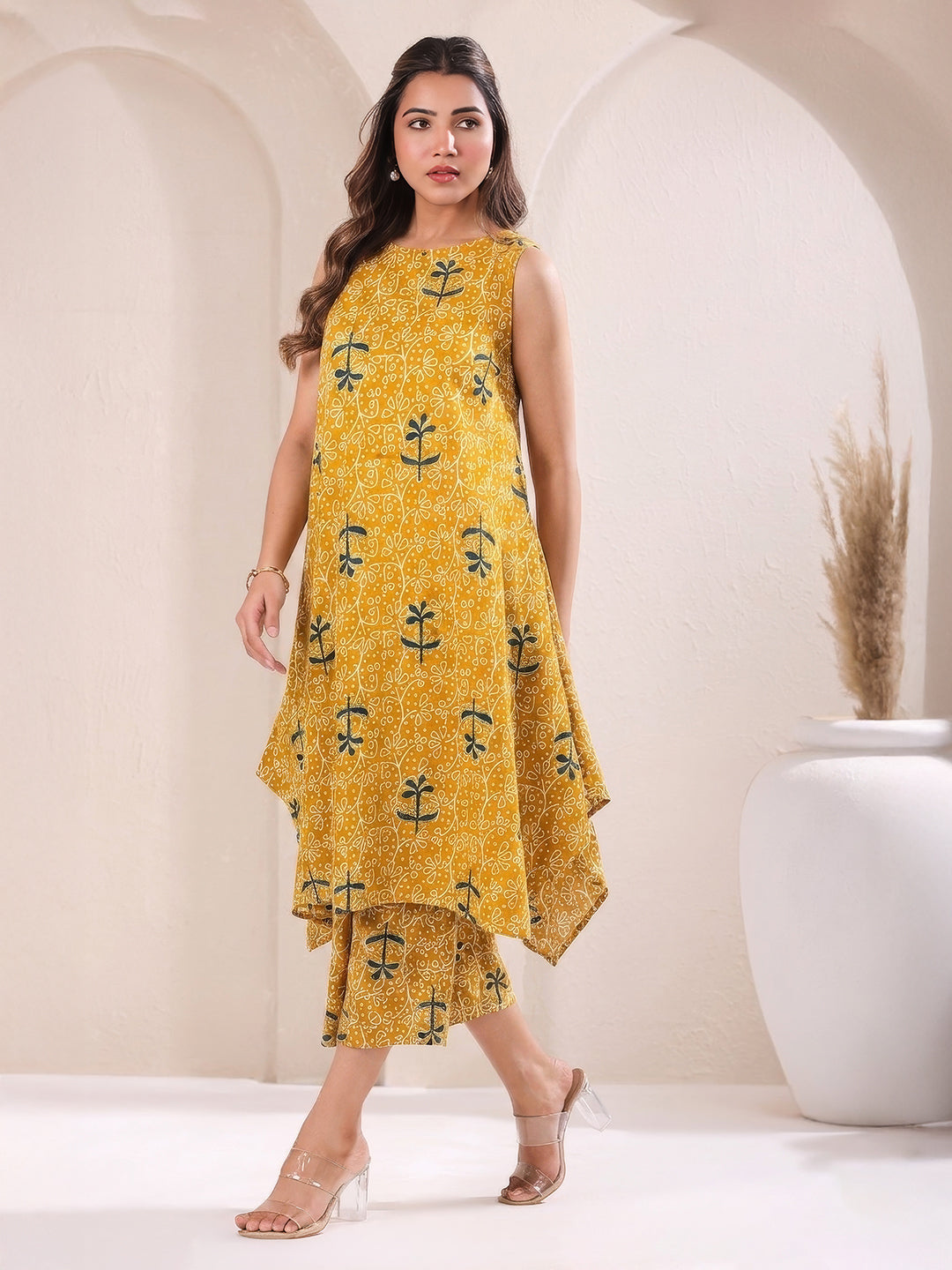 Janasya Women's Mustard Pure Cotton Floral Printed A-Line Kurta with Culotte Pant Set