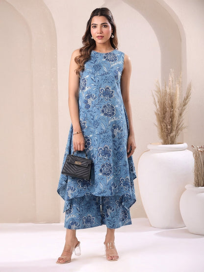 Janasya Women's Blue Pure Cotton Floral Printed A-Line Kurta with Culotte Pant Set