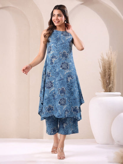 Janasya Women's Blue Pure Cotton Floral Printed A-Line Kurta with Culotte Pant Set