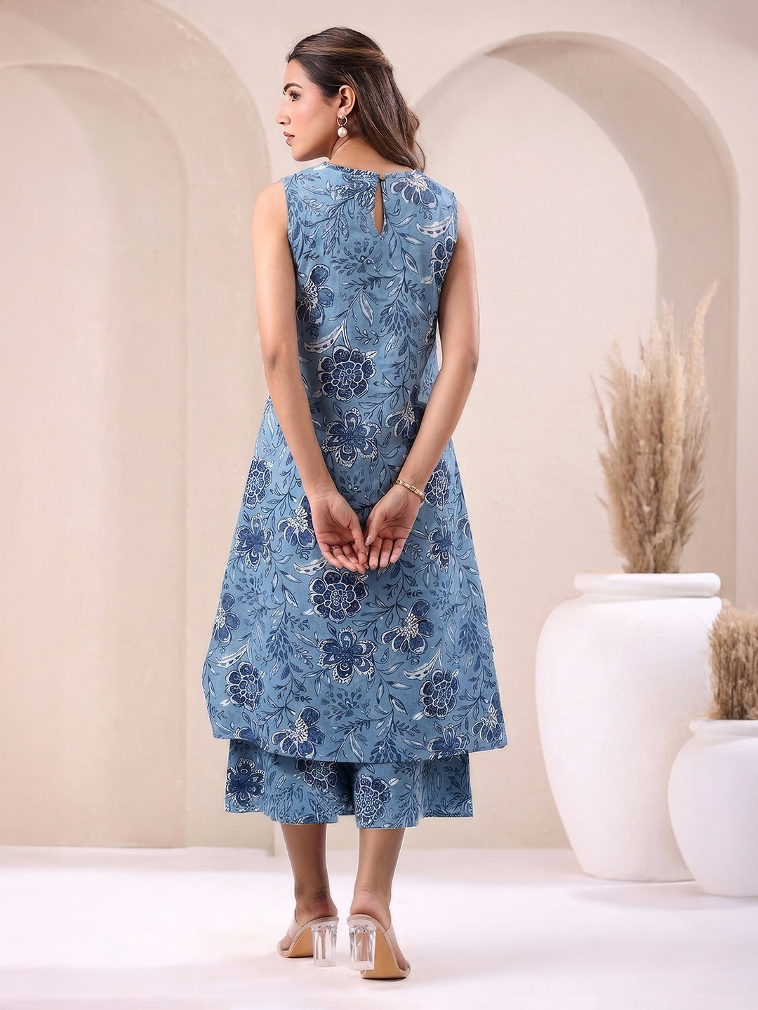 Janasya Women's Blue Pure Cotton Floral Printed A-Line Kurta with Culotte Pant Set