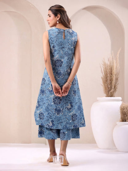 Janasya Women's Blue Pure Cotton Floral Printed A-Line Kurta with Culotte Pant Set