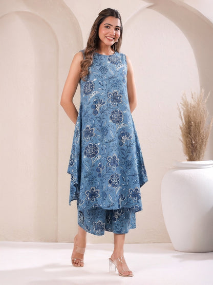 Janasya Women's Blue Pure Cotton Floral Printed A-Line Kurta with Culotte Pant Set