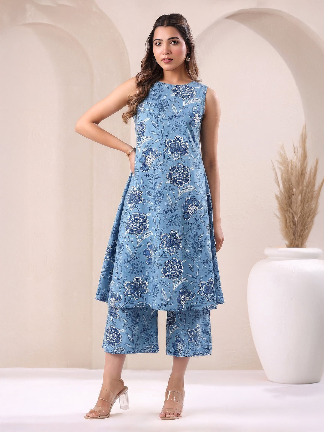 Janasya Women's Blue Pure Cotton Floral Printed A-Line Kurta with Culotte Pant Set